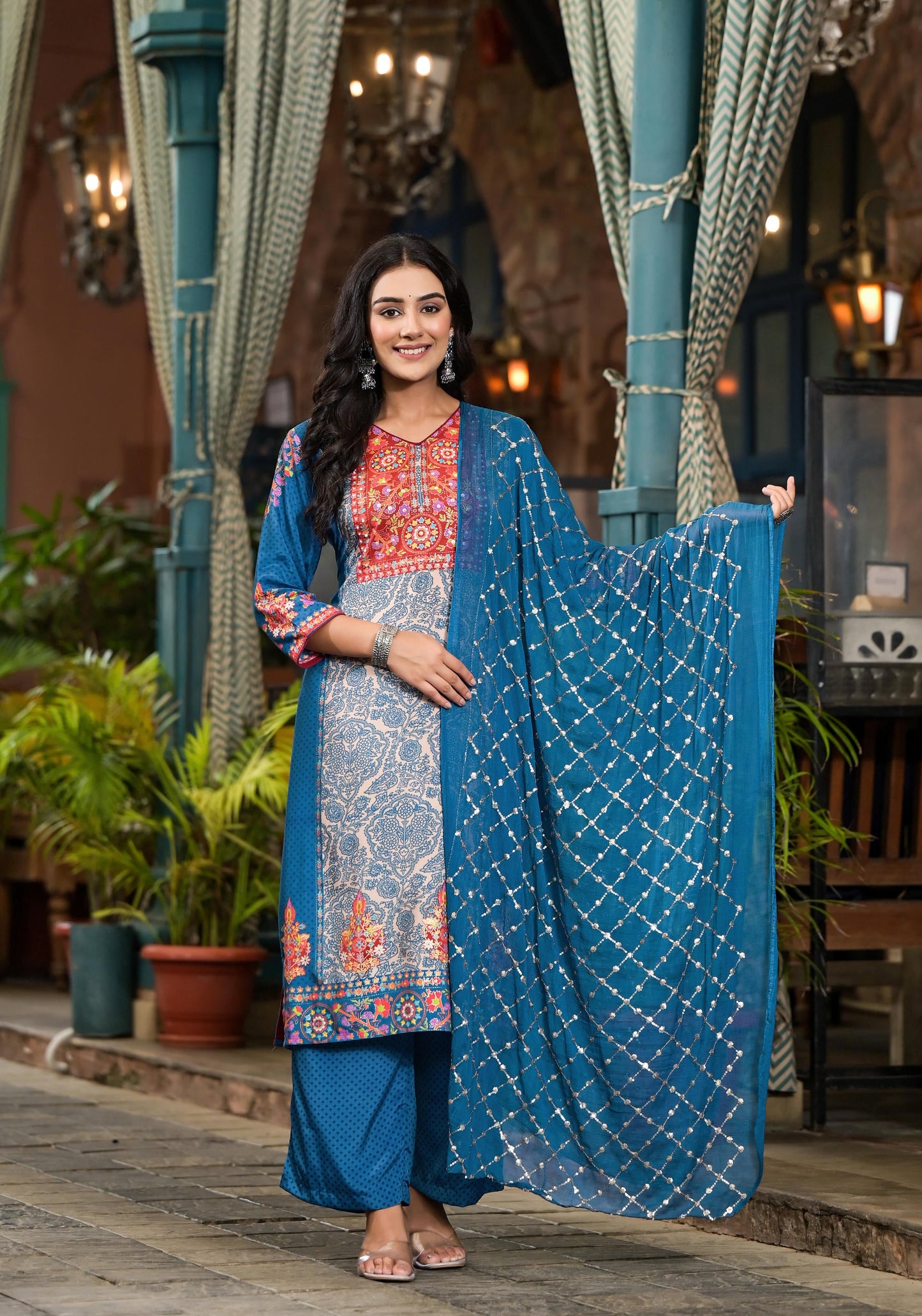 Juniper Women's Blue Viscose Rayon Printed Kurta Set - Distacart