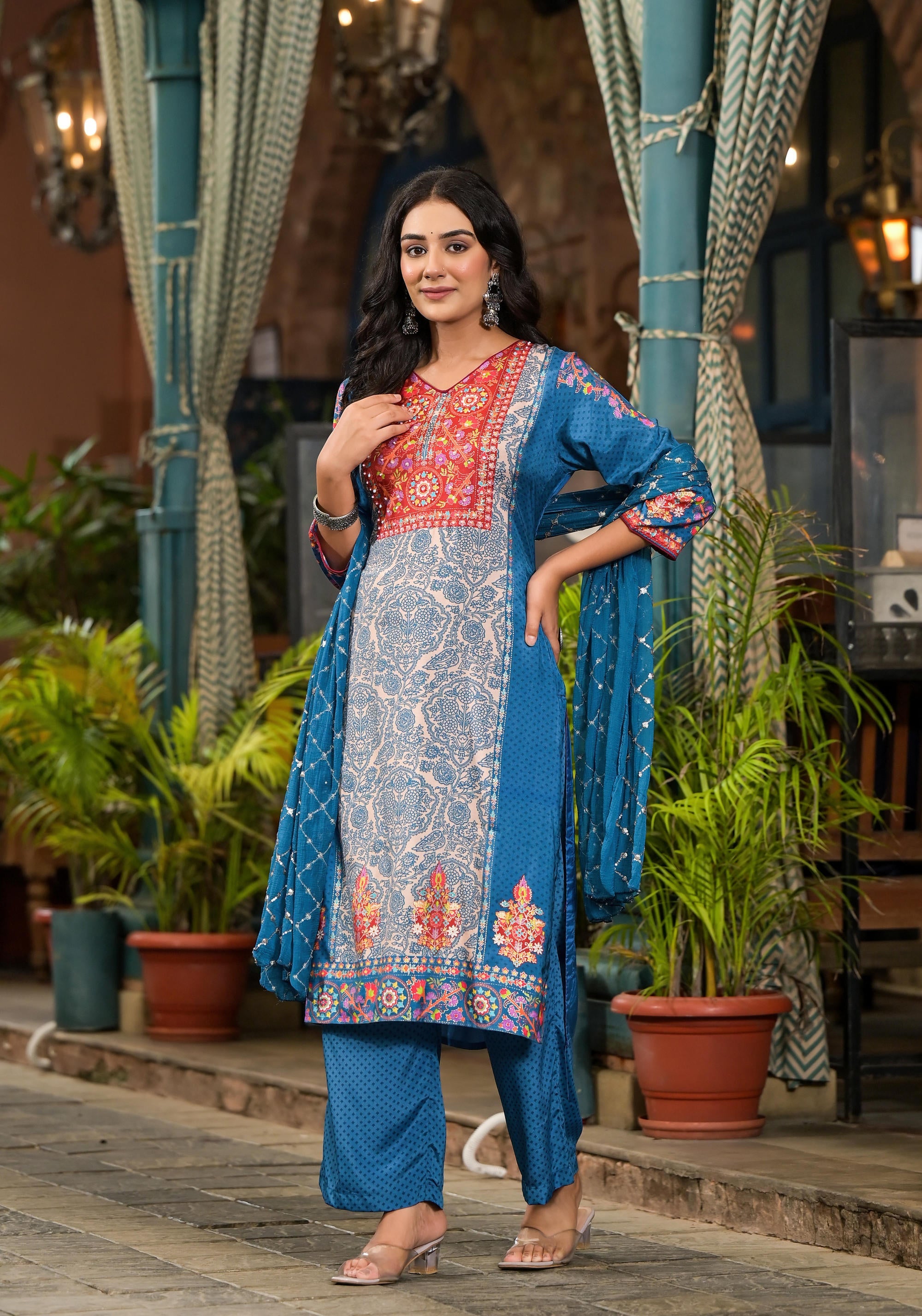 Juniper Women's Blue Viscose Rayon Printed Kurta Set - Distacart