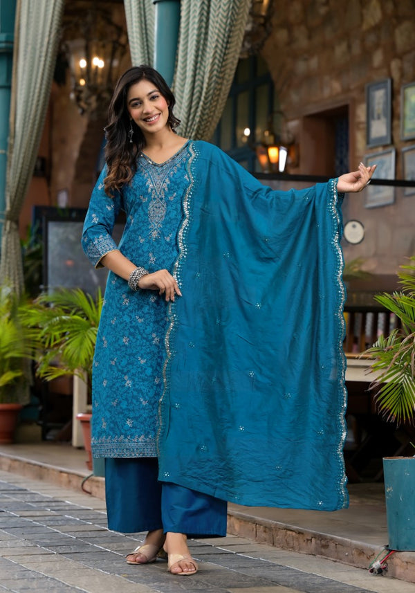 Juniper Women's Blue Poly Staple Ethnic Motif Printed Kurta Pant And Dupatta Set With Sequins Mirror & Zari Work - Distacart