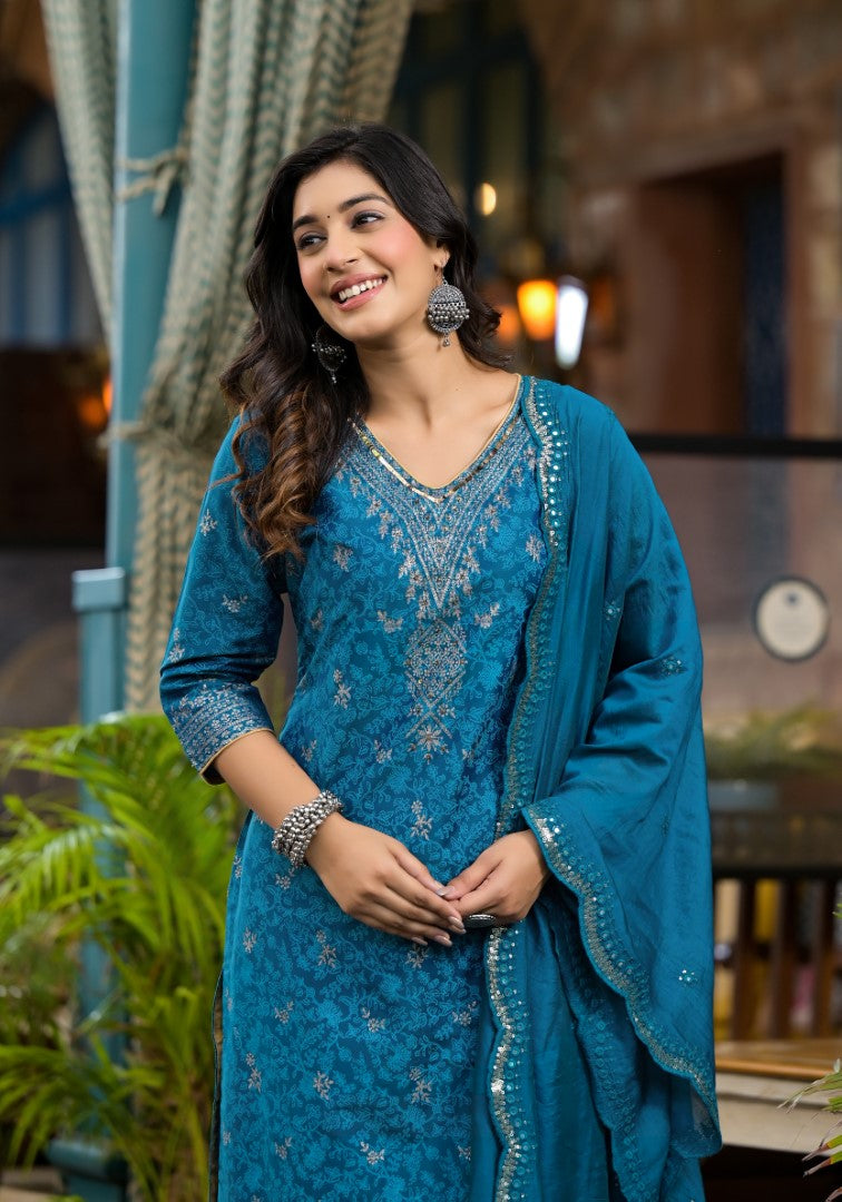 Juniper Women's Blue Poly Staple Ethnic Motif Printed Kurta Pant And Dupatta Set With Sequins Mirror & Zari Work - Distacart