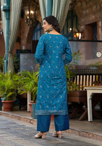 Thumbnail for Juniper Women's Blue Poly Staple Ethnic Motif Printed Kurta Pant And Dupatta Set With Sequins Mirror & Zari Work - Distacart