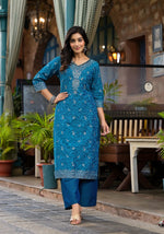 Thumbnail for Juniper Women's Blue Poly Staple Ethnic Motif Printed Kurta Pant And Dupatta Set With Sequins Mirror & Zari Work - Distacart
