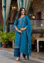 Thumbnail for Juniper Women's Blue Poly Staple Ethnic Motif Printed Kurta Pant And Dupatta Set With Sequins Mirror & Zari Work - Distacart