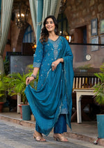 Thumbnail for Juniper Women's Blue Poly Staple Ethnic Motif Printed Kurta Pant And Dupatta Set With Sequins Mirror & Zari Work - Distacart