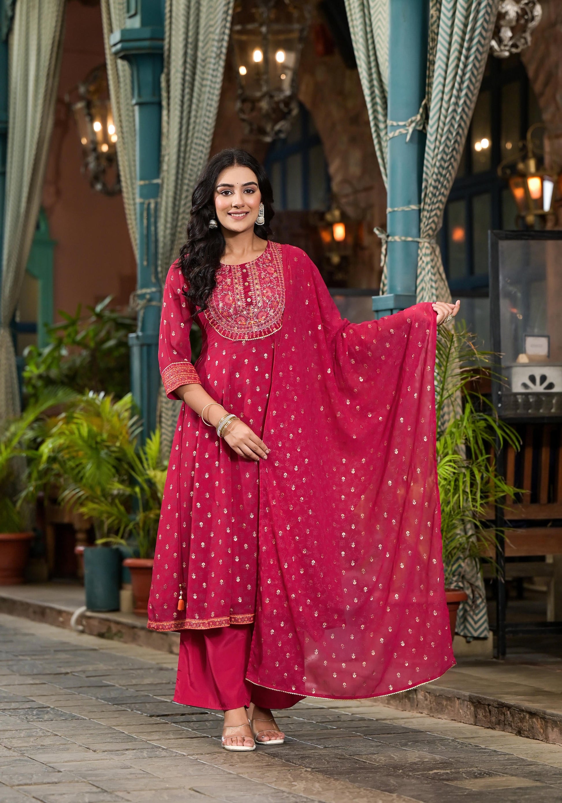 Juniper Women's Pink Georgette Printed Kurta Set - Distacart