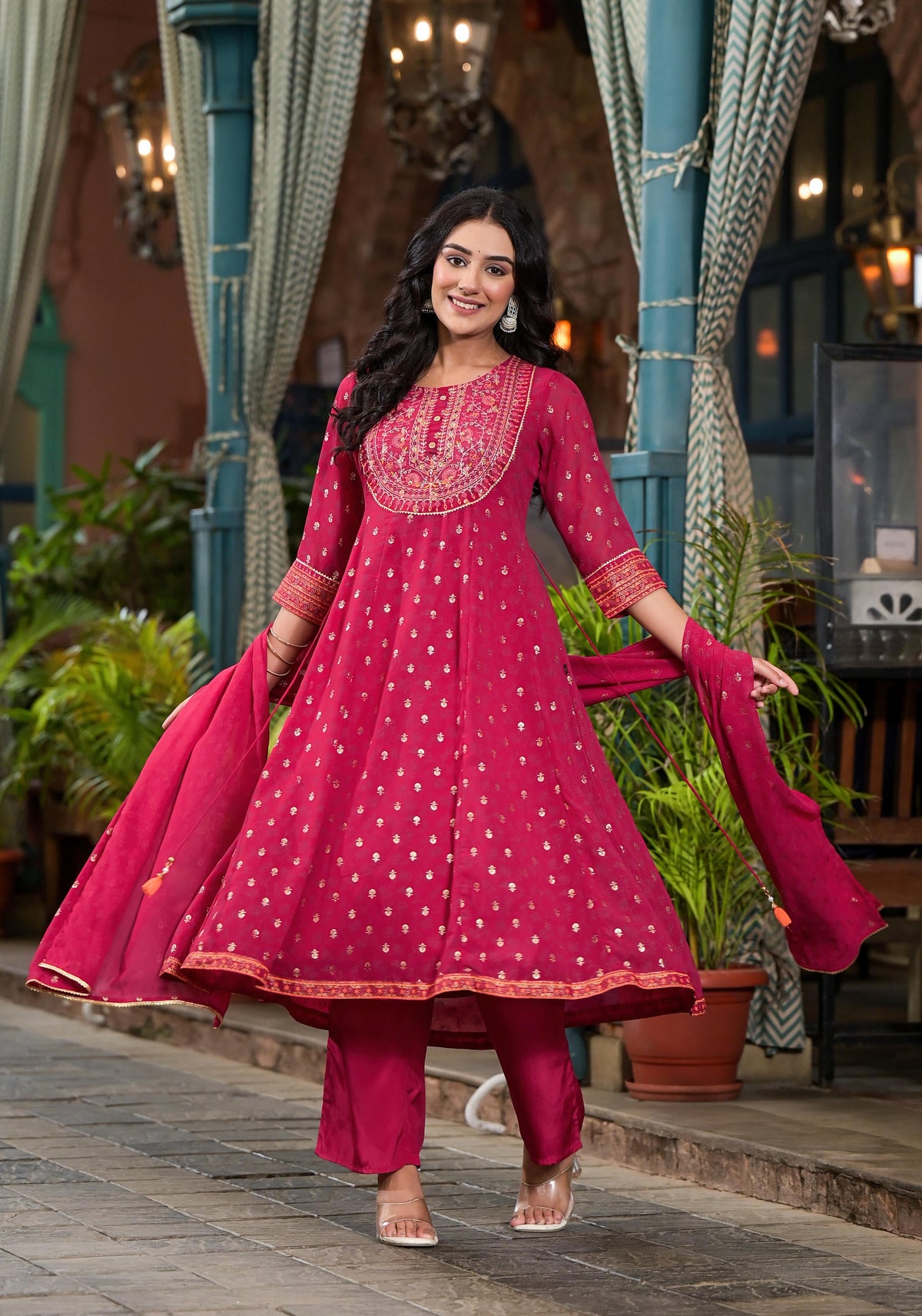 Juniper Women's Pink Georgette Printed Kurta Set - Distacart