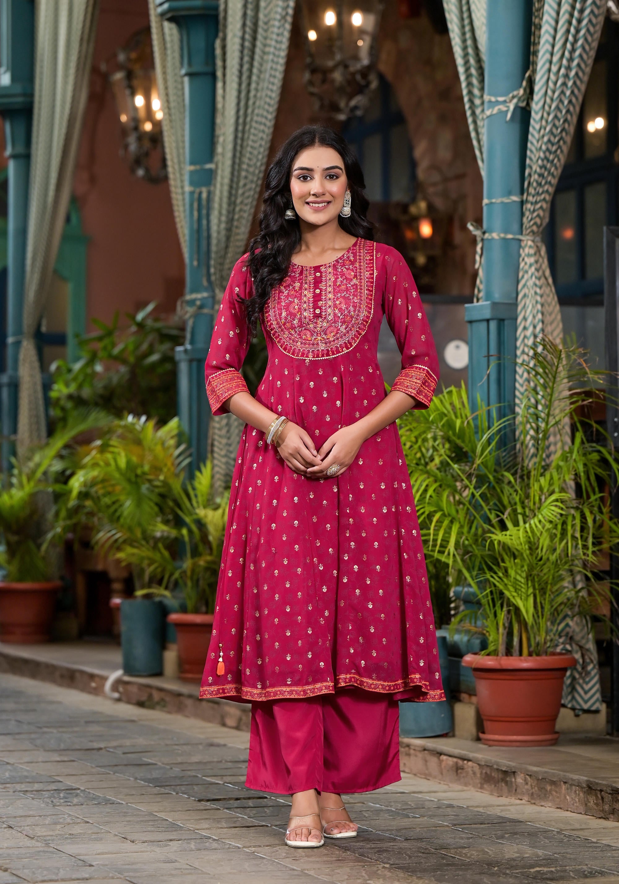 Juniper Women's Pink Georgette Printed Kurta Set - Distacart