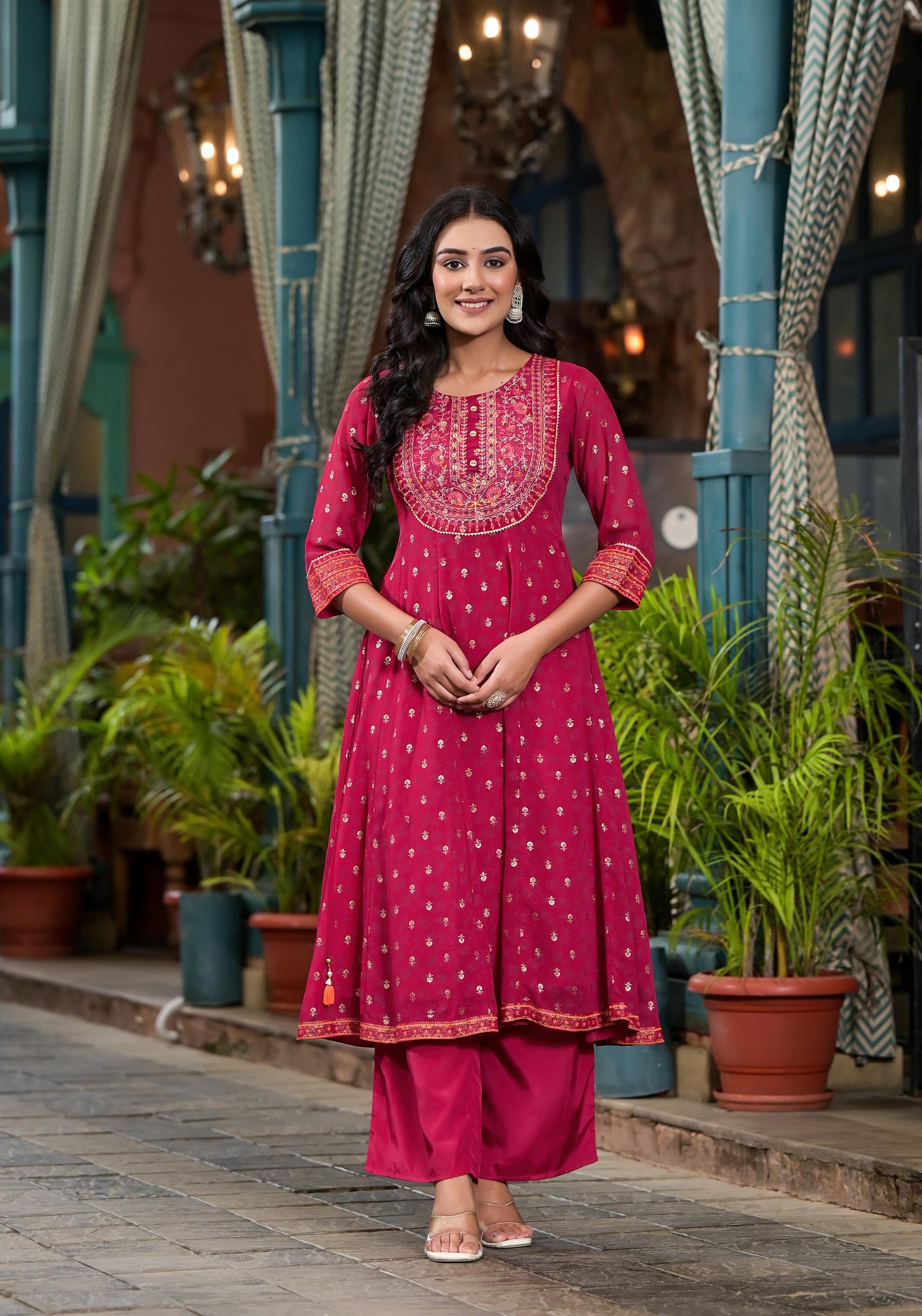 Juniper Women's Pink Georgette Printed Kurta Set - Distacart