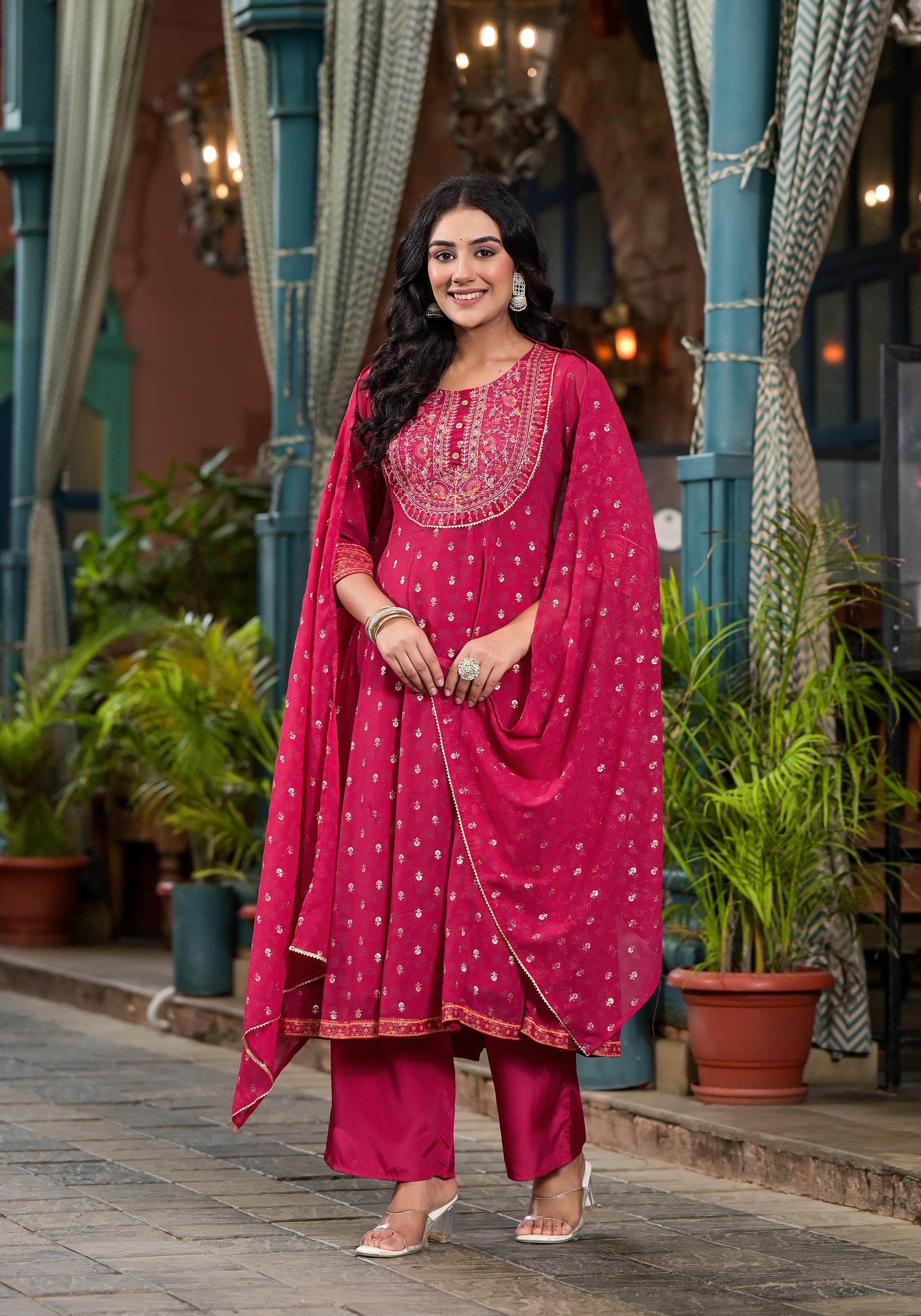 Juniper Women's Pink Georgette Printed Kurta Set - Distacart