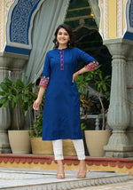 Thumbnail for Juniper Blue Thread Embroidered A-Lined Liva Rayon Kurta With Beads & Sequins - Distacart