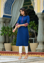 Thumbnail for Juniper Blue Thread Embroidered A-Lined Liva Rayon Kurta With Beads & Sequins - Distacart