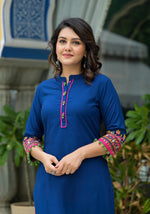 Thumbnail for Juniper Blue Thread Embroidered A-Lined Liva Rayon Kurta With Beads & Sequins - Distacart
