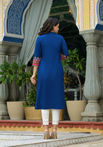 Thumbnail for Juniper Blue Thread Embroidered A-Lined Liva Rayon Kurta With Beads & Sequins - Distacart