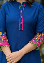 Thumbnail for Juniper Blue Thread Embroidered A-Lined Liva Rayon Kurta With Beads & Sequins - Distacart