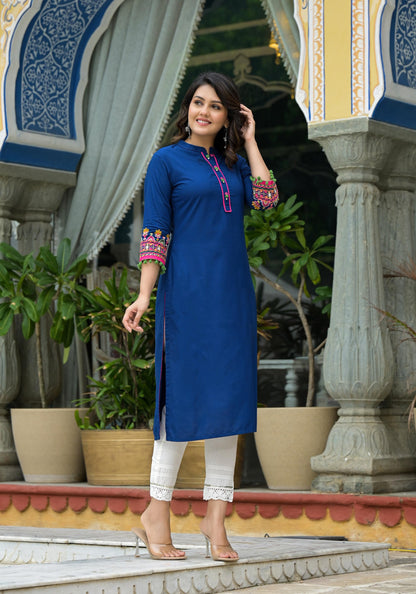 Juniper Blue Thread Embroidered A-Lined Liva Rayon Kurta With Beads & Sequins - Distacart