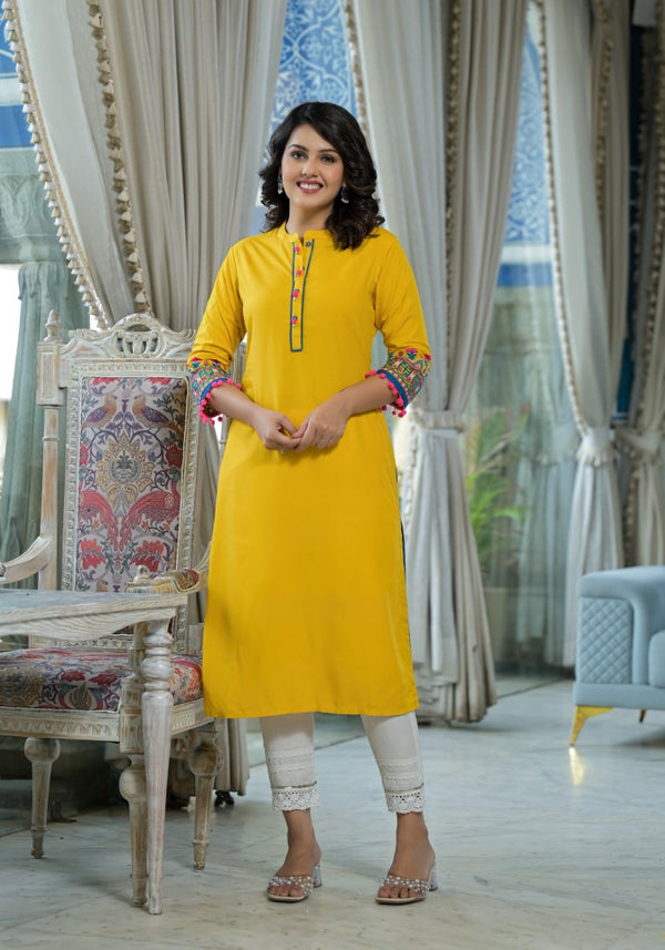 Juniper Women's Mustard Thread Embroidered Liva Rayon Kurta With Sequins Beads & Mirror Work - Distacart
