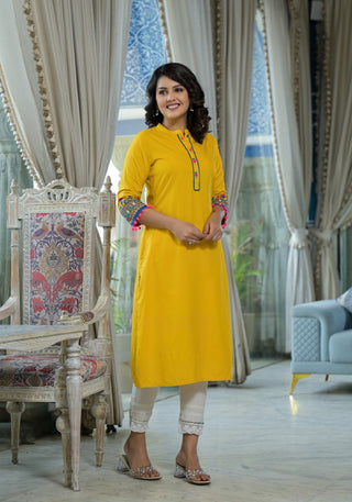 Juniper Women's Mustard Thread Embroidered Liva Rayon Kurta With Sequins Beads & Mirror Work - Distacart