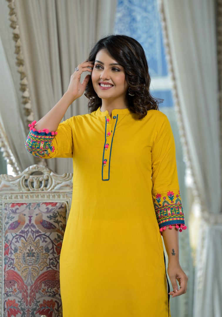 Juniper Women's Mustard Thread Embroidered Liva Rayon Kurta With Sequins Beads & Mirror Work - Distacart