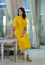 Thumbnail for Juniper Women's Mustard Thread Embroidered Liva Rayon Kurta With Sequins Beads & Mirror Work - Distacart