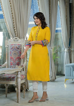 Thumbnail for Juniper Women's Mustard Thread Embroidered Liva Rayon Kurta With Sequins Beads & Mirror Work - Distacart