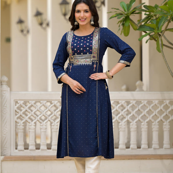 Juniper Blue Solid Rayon Kurta With Sequins & Doris - Distacart