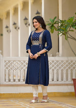 Thumbnail for Juniper Blue Solid Rayon Kurta With Sequins & Doris - Distacart