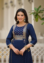 Thumbnail for Juniper Blue Solid Rayon Kurta With Sequins & Doris - Distacart