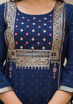 Thumbnail for Juniper Blue Solid Rayon Kurta With Sequins & Doris - Distacart