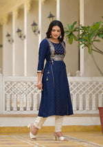Thumbnail for Juniper Blue Solid Rayon Kurta With Sequins & Doris - Distacart