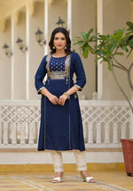 Thumbnail for Juniper Blue Solid Rayon Kurta With Sequins & Doris - Distacart