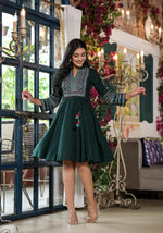 Thumbnail for Juniper Green Ethnic Motif Printed Liva Rayon Dress With Dori & Sequin - Distacart