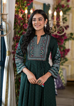 Thumbnail for Juniper Green Ethnic Motif Printed Liva Rayon Dress With Dori & Sequin - Distacart
