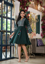 Thumbnail for Juniper Green Ethnic Motif Printed Liva Rayon Dress With Dori & Sequin - Distacart