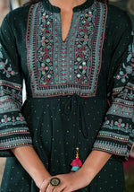 Thumbnail for Juniper Green Ethnic Motif Printed Liva Rayon Dress With Dori & Sequin - Distacart