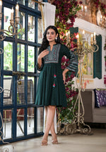 Thumbnail for Juniper Green Ethnic Motif Printed Liva Rayon Dress With Dori & Sequin - Distacart