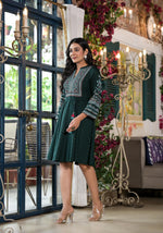 Thumbnail for Juniper Green Ethnic Motif Printed Liva Rayon Dress With Dori & Sequin - Distacart