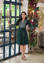Thumbnail for Juniper Green Ethnic Motif Printed Liva Rayon Dress With Dori & Sequin - Distacart