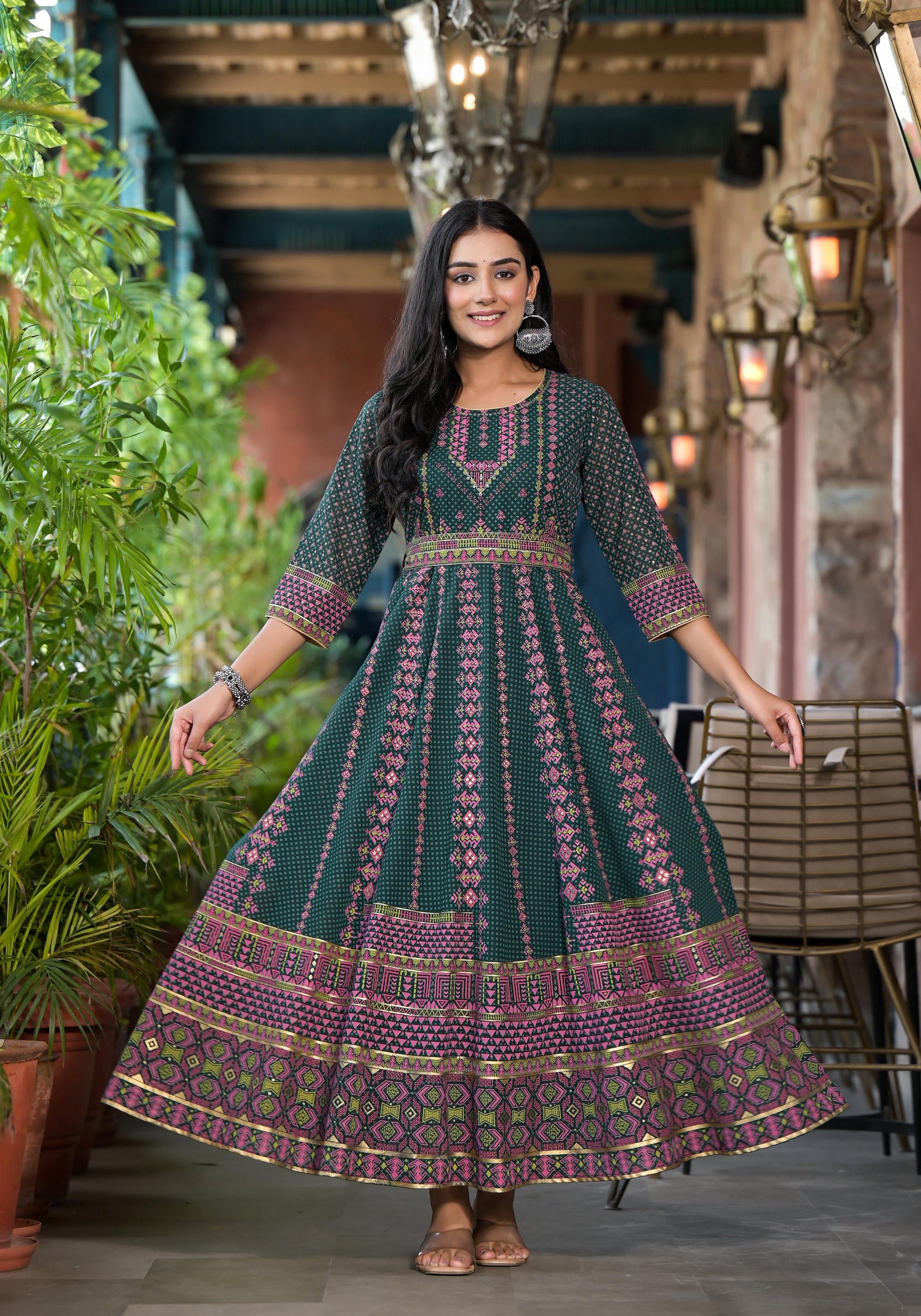 Juniper Green Ethnic Motif Printed Georgette Maxi Dress With Sequins Gota Patti - Distacart