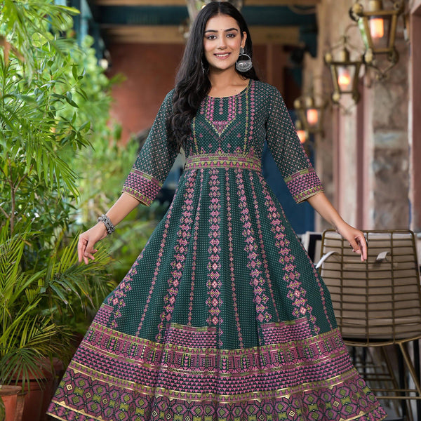 Juniper Green Ethnic Motif Printed Georgette Maxi Dress With Sequins Gota Patti - Distacart