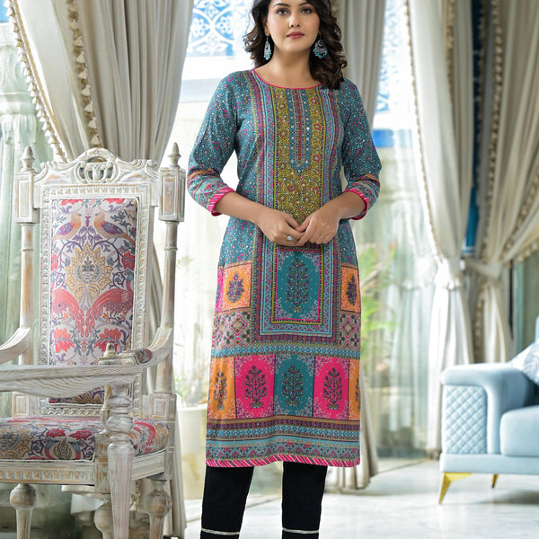 Juniper Blue Floral Printed Liva Rayon Kurta With Beads & Sequins Work - Distacart