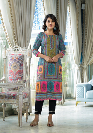 Juniper Blue Floral Printed Liva Rayon Kurta With Beads & Sequins Work - Distacart