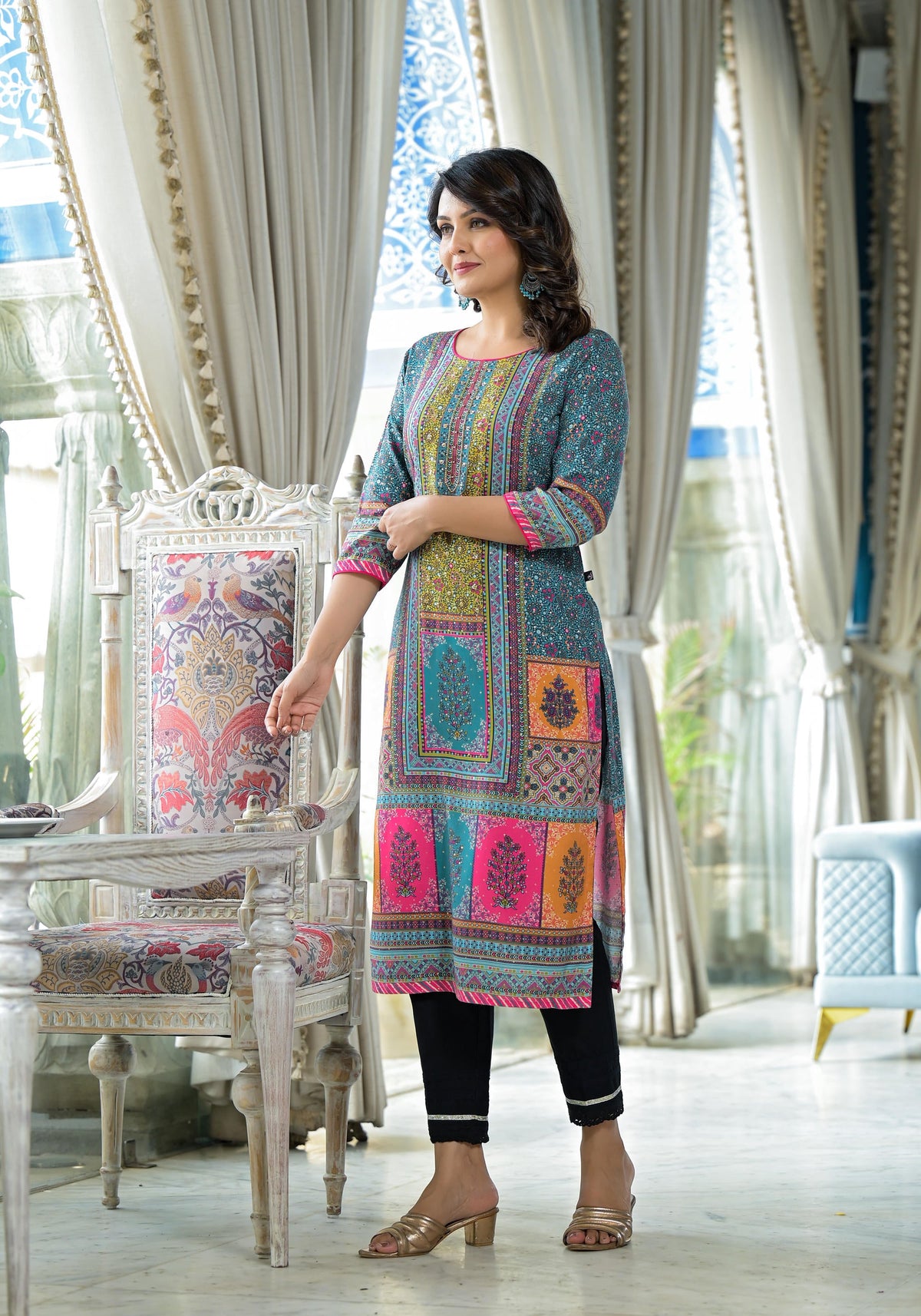 Juniper Blue Floral Printed Liva Rayon Kurta With Beads & Sequins Work - Distacart