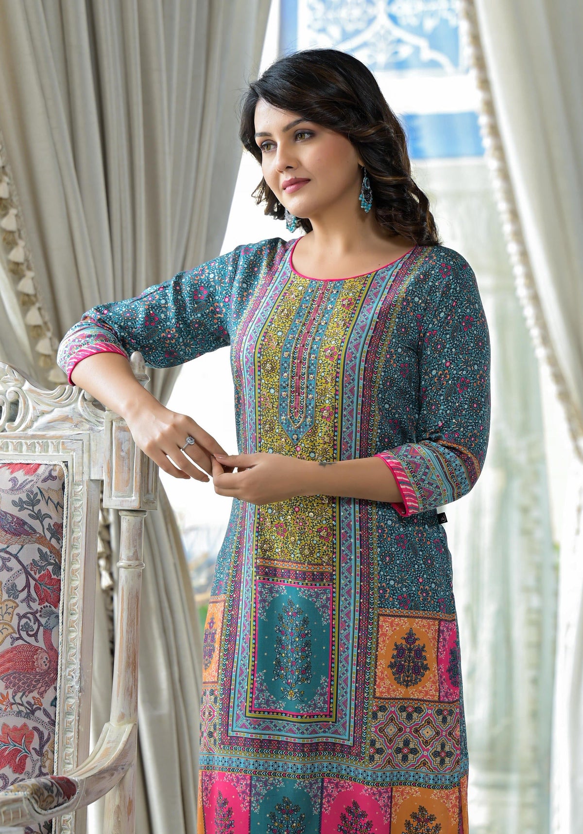 Juniper Blue Floral Printed Liva Rayon Kurta With Beads & Sequins Work - Distacart