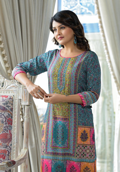 Juniper Blue Floral Printed Liva Rayon Kurta With Beads & Sequins Work - Distacart
