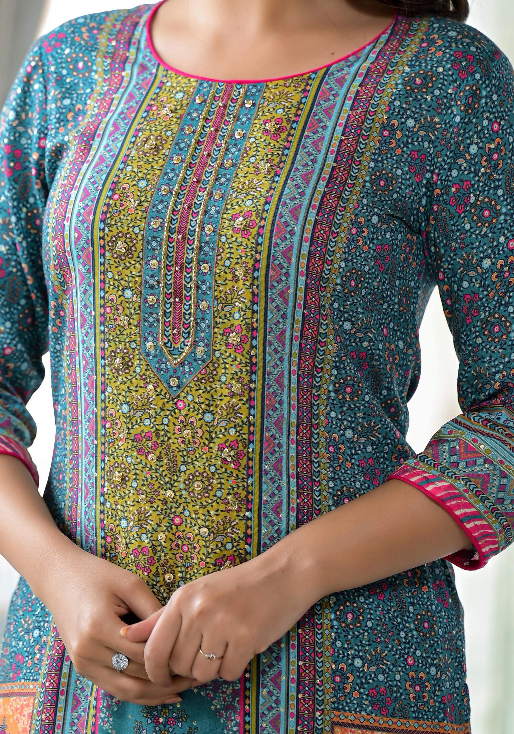 Juniper Blue Floral Printed Liva Rayon Kurta With Beads & Sequins Work - Distacart