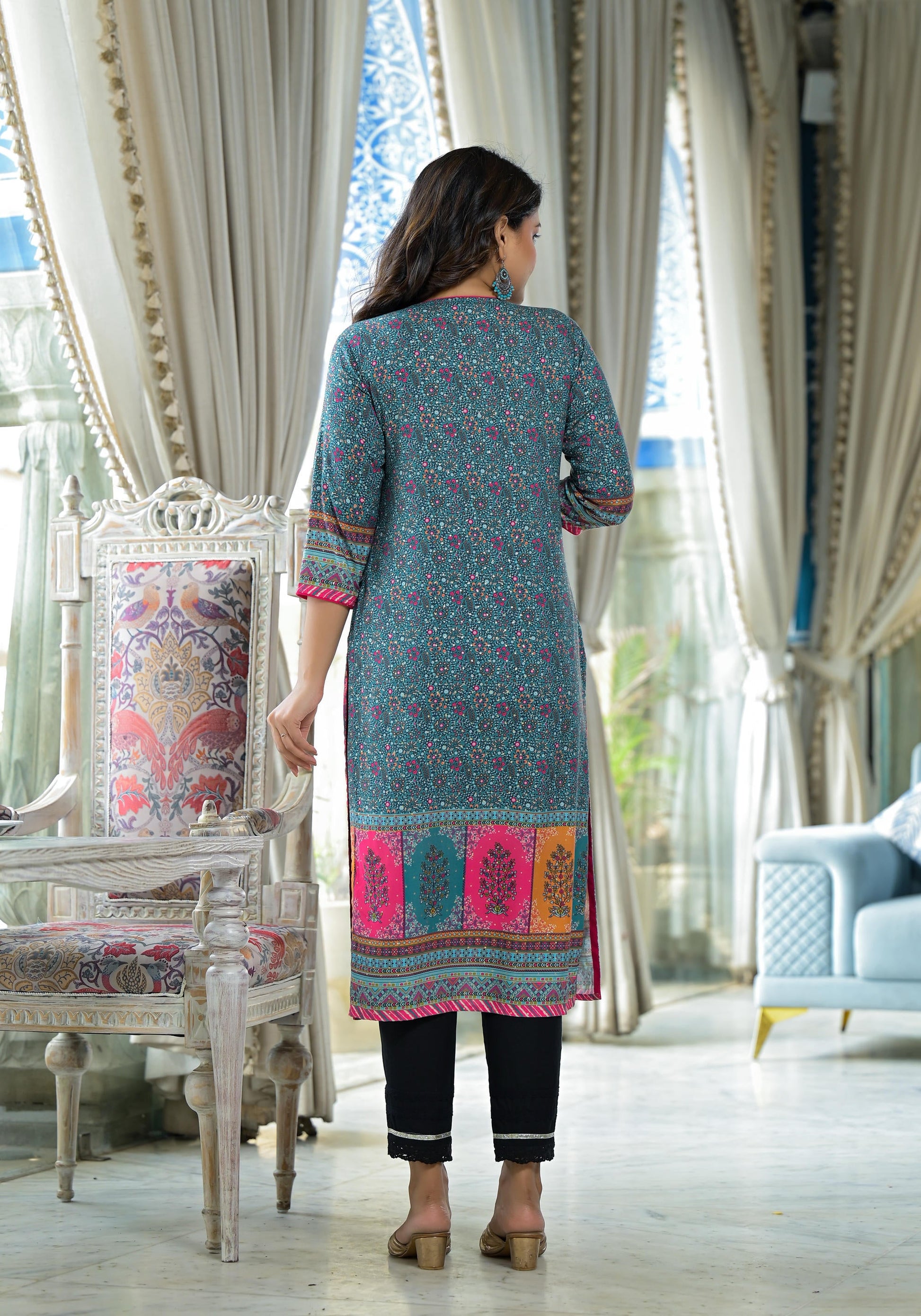 Juniper Blue Floral Printed Liva Rayon Kurta With Beads & Sequins Work - Distacart