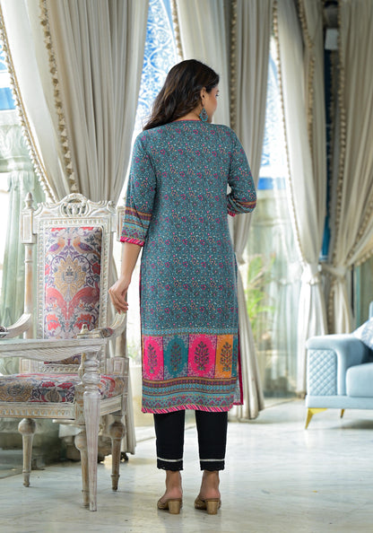 Juniper Blue Floral Printed Liva Rayon Kurta With Beads & Sequins Work - Distacart