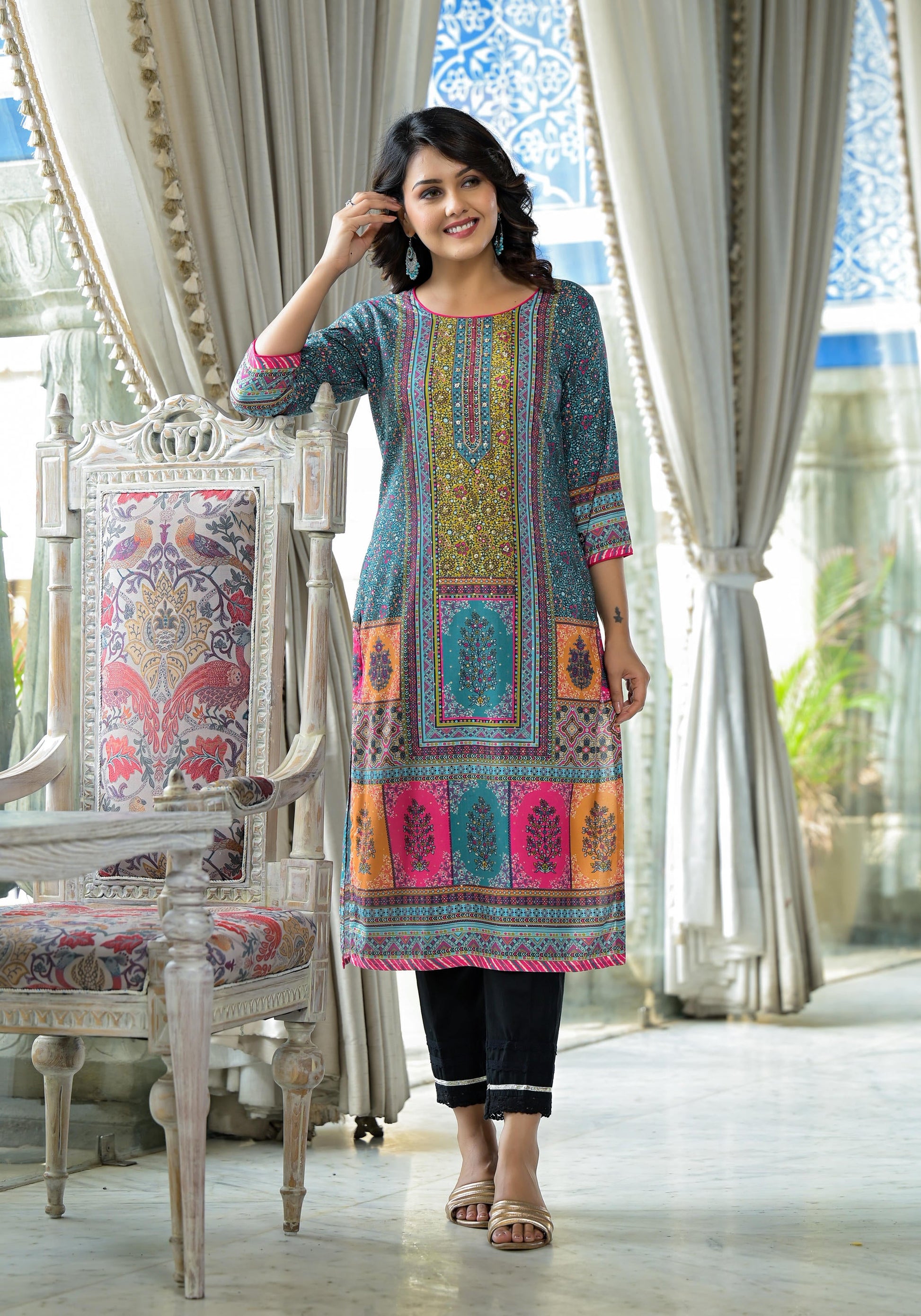 Juniper Blue Floral Printed Liva Rayon Kurta With Beads & Sequins Work - Distacart