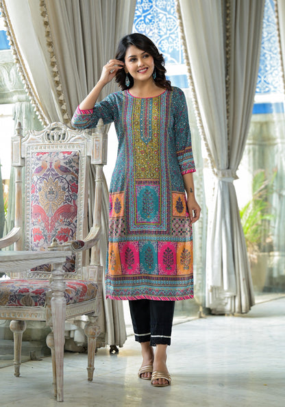 Juniper Blue Floral Printed Liva Rayon Kurta With Beads & Sequins Work - Distacart