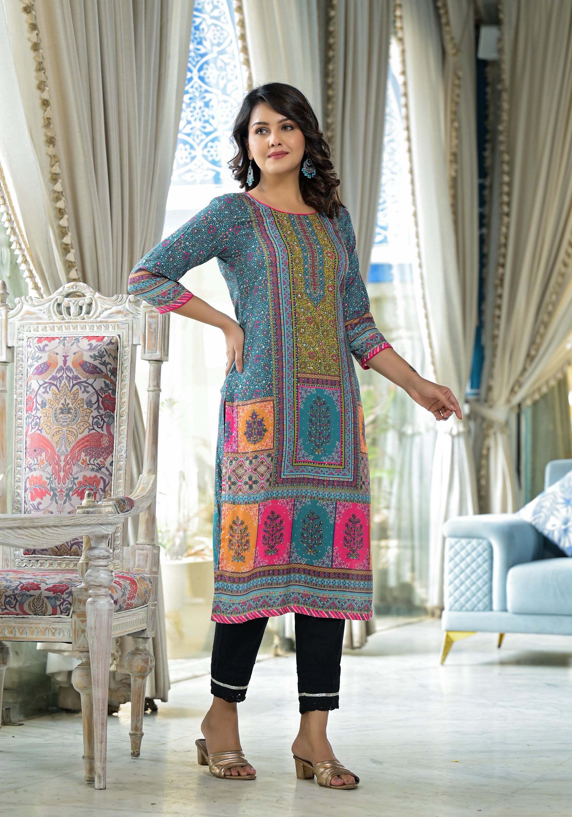 Juniper Blue Floral Printed Liva Rayon Kurta With Beads & Sequins Work - Distacart